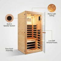 Infrared Sauna 1 Person Far Infrared Sauna Low EMF Indoor Sauna with Starry Light Ceiling Speakers Personal Dry Sauna for Home Gym Spa Fast Heating Easy Assembly 30.7X 30.7X62.2 — infographic