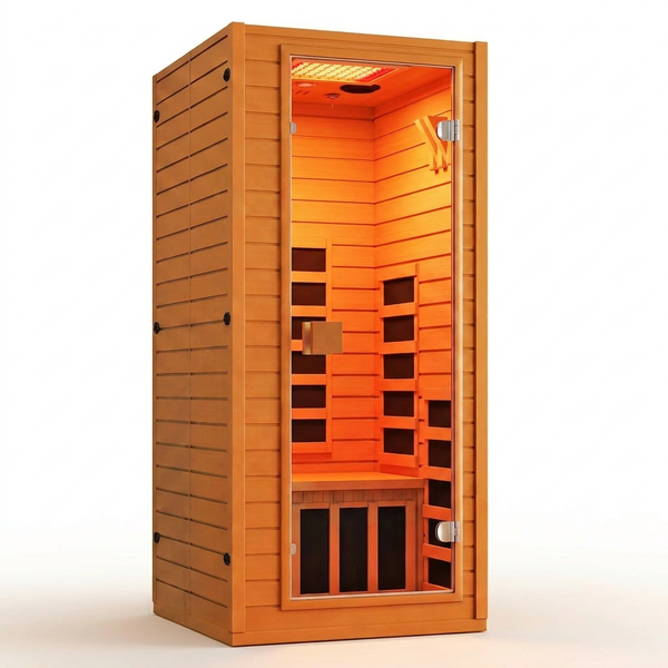 Infrared Sauna with 660 & 850Nm Red Light Therapy, Full Spectrum Sauna with 7 Heater, 1290W 120V, Fast Heat-Up, 1 Person Canadian Hemlock Wood Dry Sauna for Indoor, Home Gym, 31.5*30.3*67" — Studio Shot