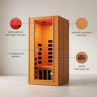 Infrared Sauna with 660 & 850Nm Red Light Therapy, Full Spectrum Sauna with 7 Heater, 1290W 120V, Fast Heat-Up, 1 Person Canadian Hemlock Wood Dry Sauna for Indoor, Home Gym, 31.5*30.3*67" — infographic