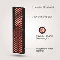 Red Light Therapy Panel Device – Full Body Panel, 660Nm Red & 850Nm near Infrared Light Therapy, LED Light Therapy Lamp, 300 Dual Chip Leds, Timer, Hanging Kit Included – PRO1500 — infographic